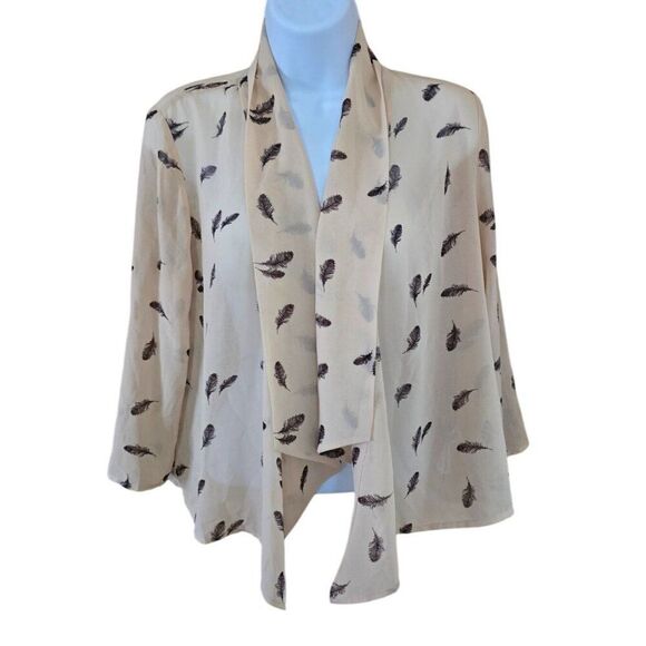 Womens Feather Print Sheer Beige Cardigan Top boho cottagecore grannycore - Picture 1 of 5